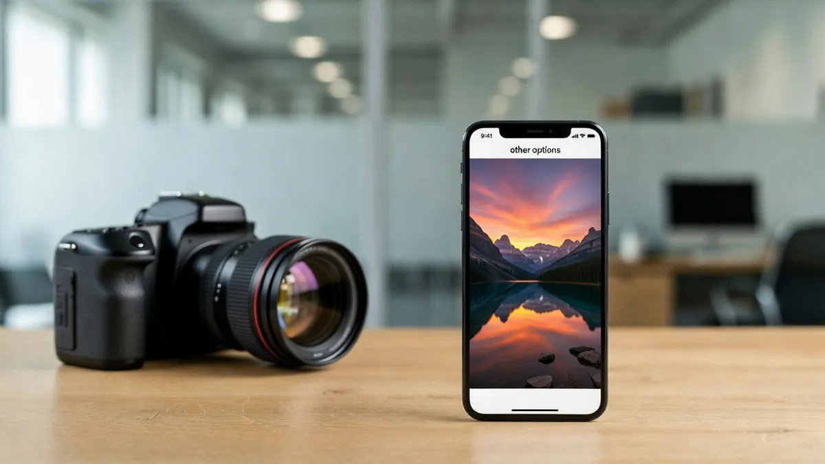 Comparación de video marketing y fotografía: cámara DSLR profesional 4K junto a smartphone mostrando contenido visual en escritorio de oficina